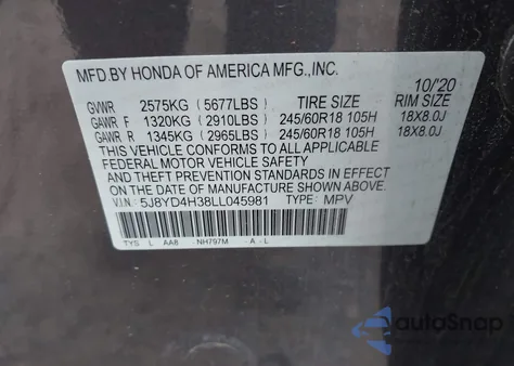 2020 Acura Mdx Standard z USA, uszkodzony, nr VIN 5J8YD4H38LL045981